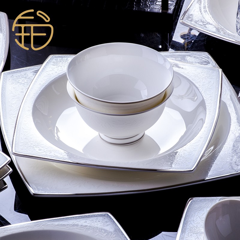 Bo Yuechen high-end boutique bowls and plates combination tableware home hotel banquet gift Jingdezhen bone china relief