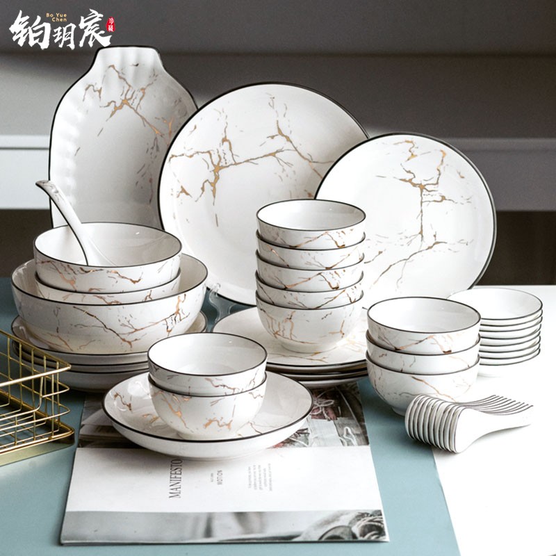 Platinum Yuechen dishes and tableware sets home Nordic marble ceramic bowls and chopsticks high-end luxury gifts