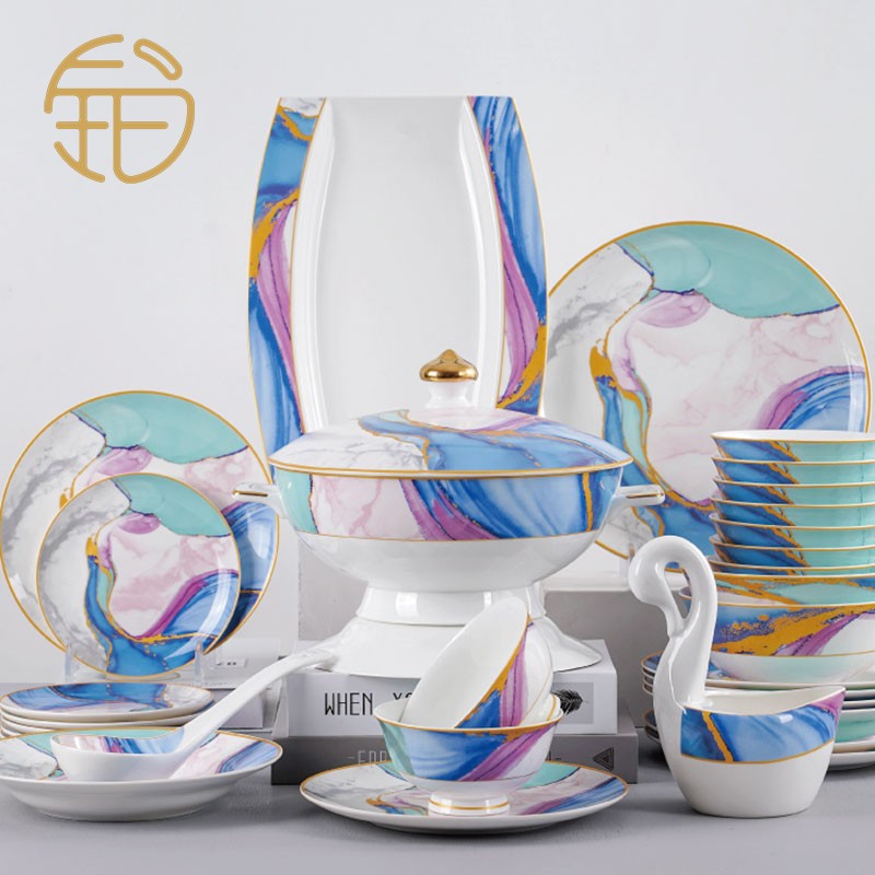 Bo Yuechen bowls and dishes tableware set for household Jingdezhen ceramics American high-end dining room banquets and gifts bowls and chopsticks plates