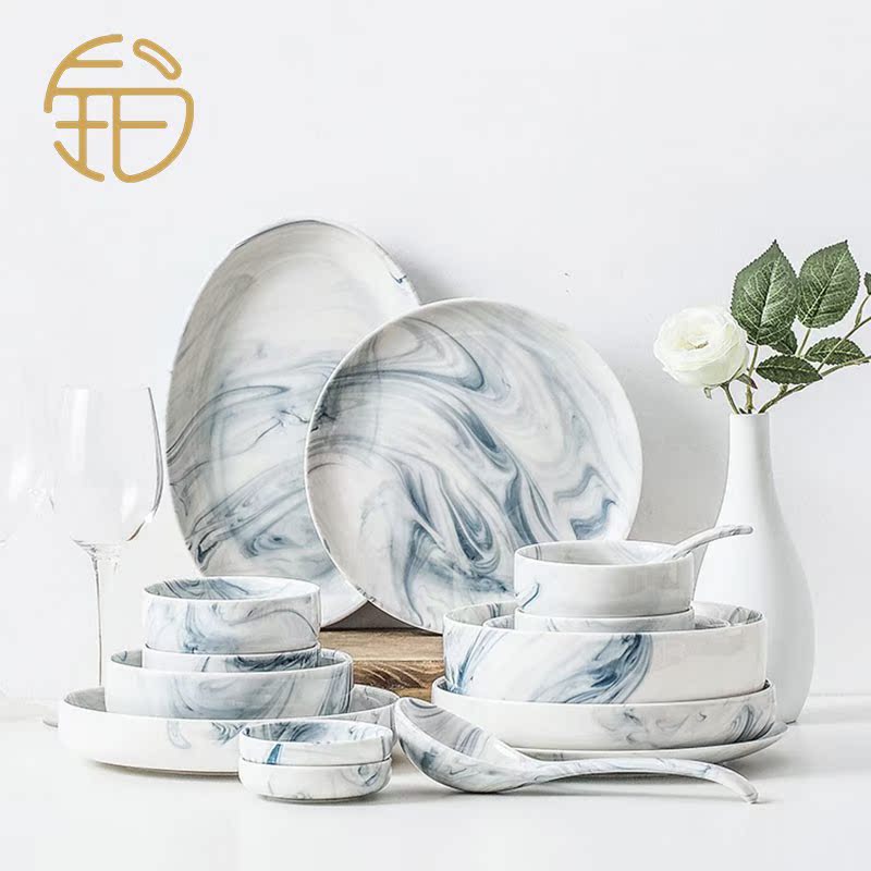Bo Yuechen boutique bowl set home marble pattern creative ceramic bowl and chopsticks plate Nordic style high-end gift