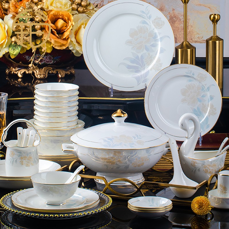Bo Yuechen bowls and dishes set home Jingdezhen European-style gilt-edge bone china bowls and chopsticks plate tableware high-end gift box gift