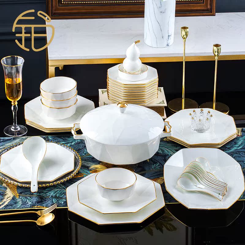 Platinum Yuan-chen High-end Boutique Anise Sketching Golden Diamond Bowl disc cutlery set Jingdezhen Bone Porcelain Eurostyle Gift