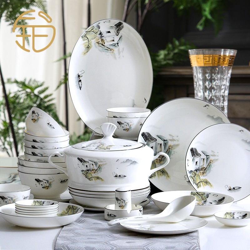 Platinum Yosen Boutique High-end Chinese dish dish set ink ink household terminal clothesGift ceramic soup dish