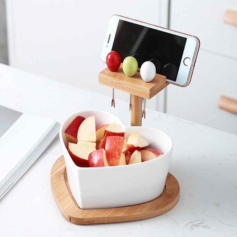 Nordic Household with Living Room Heart Fruit Bowl Creative Emerald Ceramic Fruit Disc Salad Bowl with Forklift Mobile Frame