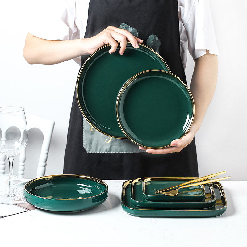 Light luxury emerald green golden plate Nordic ceramic tableware household square dish deep dish dish