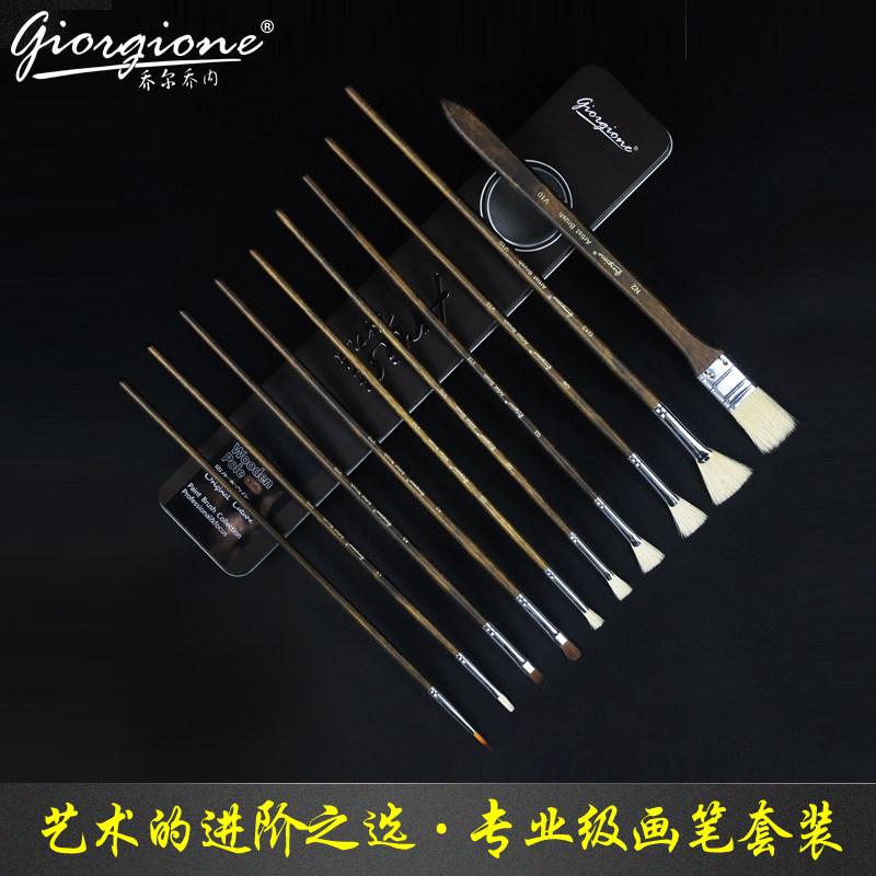 Joercione 10 Pig Mane Oil Painting Brush brush Brush Fan-shaped platoon pen suit Wood Rod Propylene Solid Wood Professional Class Fine Art Tools Watercolor Water Powder Painting Pen Beginner Adult Iron Boxed