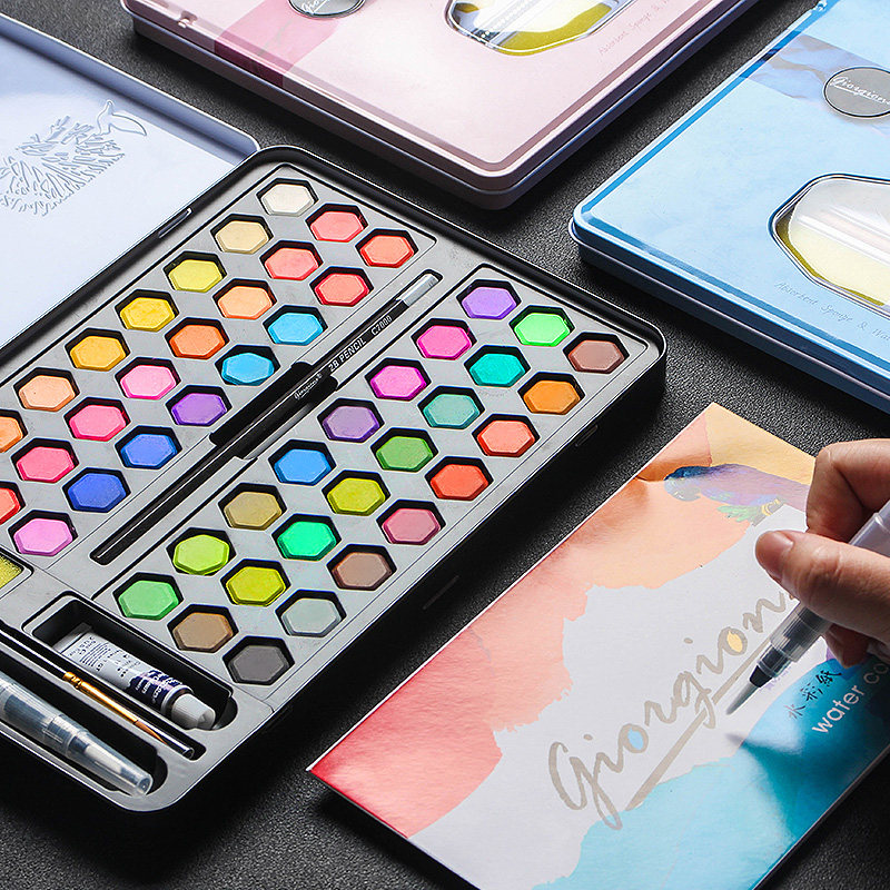 Giorgione solid watercolor paint set paintbrush powder beginner 36 color portable with iron box 48 color primary school students with art professional non-toxic washable children's painting tools