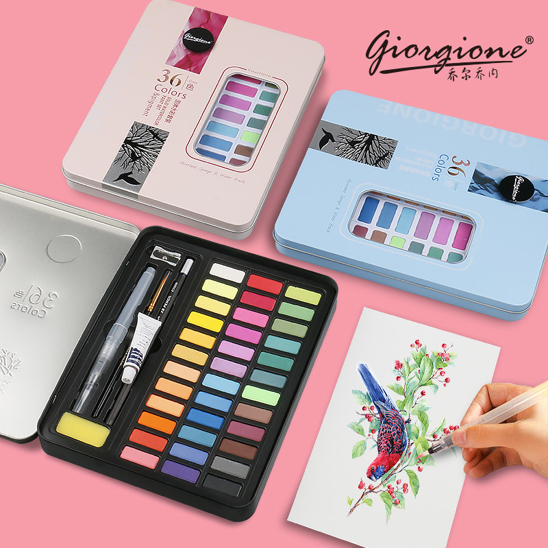 Joercione Solid Water Color Paint Suit Powder Cake Students With Beginners 36 Colors 48 Color Starter Children Fine Art 24 Color Professional Iron Case Portable Paintbrush Painting Tool Drawing Kit