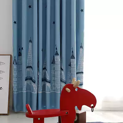 Children's room curtain boy bedroom blackout Blue Castle pattern cartoon fabric finished simple bay window curtain
