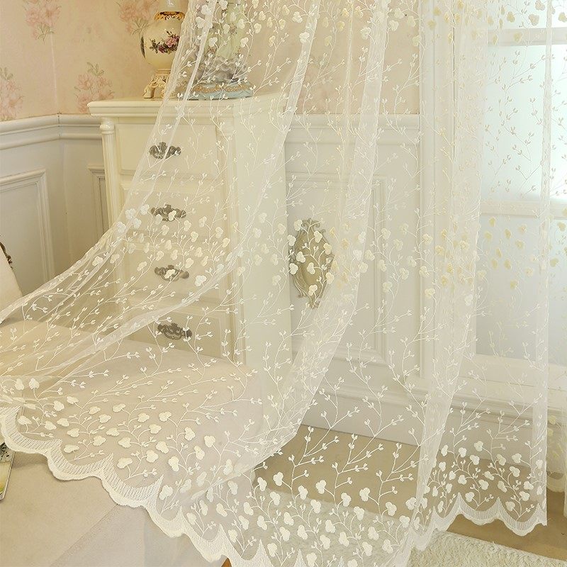 Lace small curtains Mesh white yarn curtain Girl yarn curtain embroidery Pastoral lace translucent bedroom Princess wind hook type