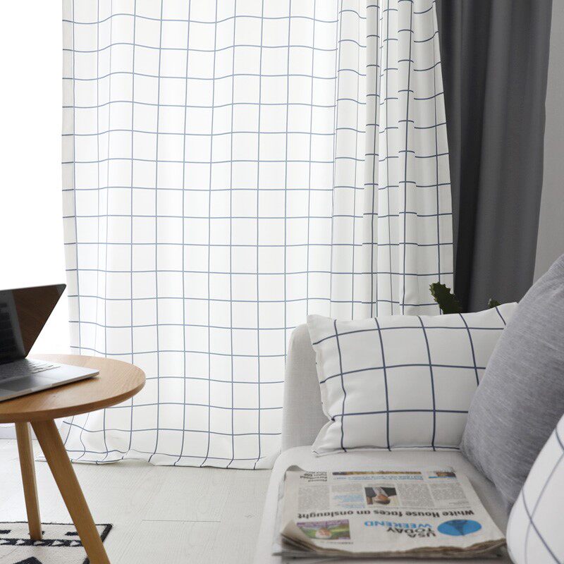 Checkered curtain cloth Pastoral floor-to-ceiling window custom literature and art simple small fresh modern style printing high precision