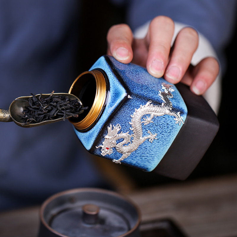 Blue amber aluminum cover tea box storage POTS up with silver tea pot home outfit caddy fixings store receives gift boxes