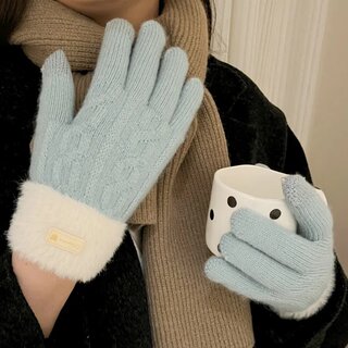 Autumn and winter color-blocked knitted touchscreen full-finger windproof gloves