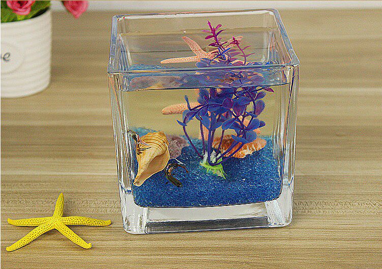 edx square glass fish tank ultra-white thickened mini creative small fish tank Office desktop fish tank send