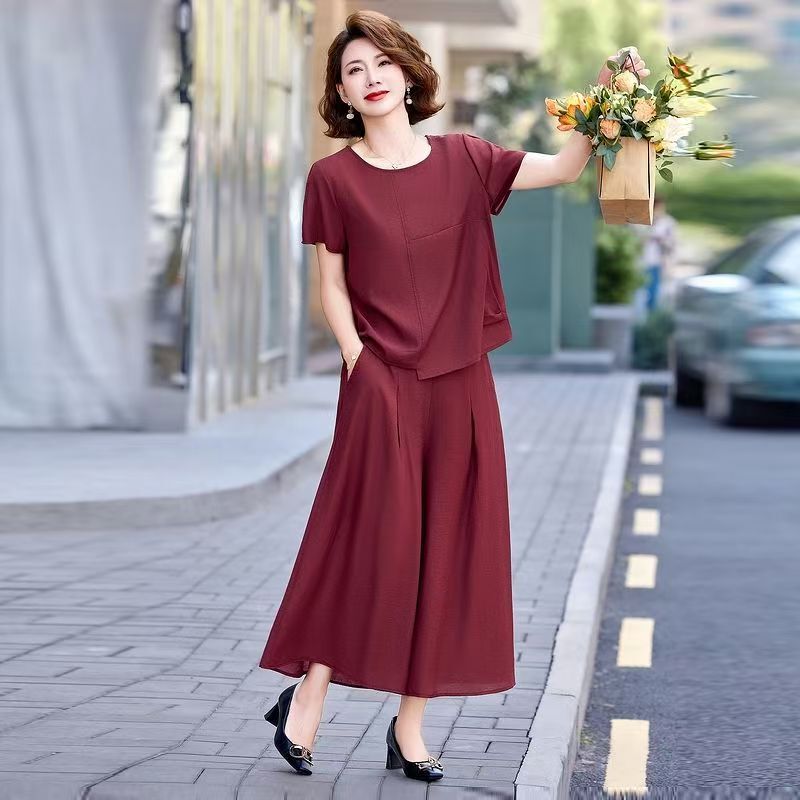Hueq Summer New Stylish Slimming and Age-Reducing Casual Set Fashion Top Wide-Leg Pants Comfortable Two-Piece Short-Sleeve Set