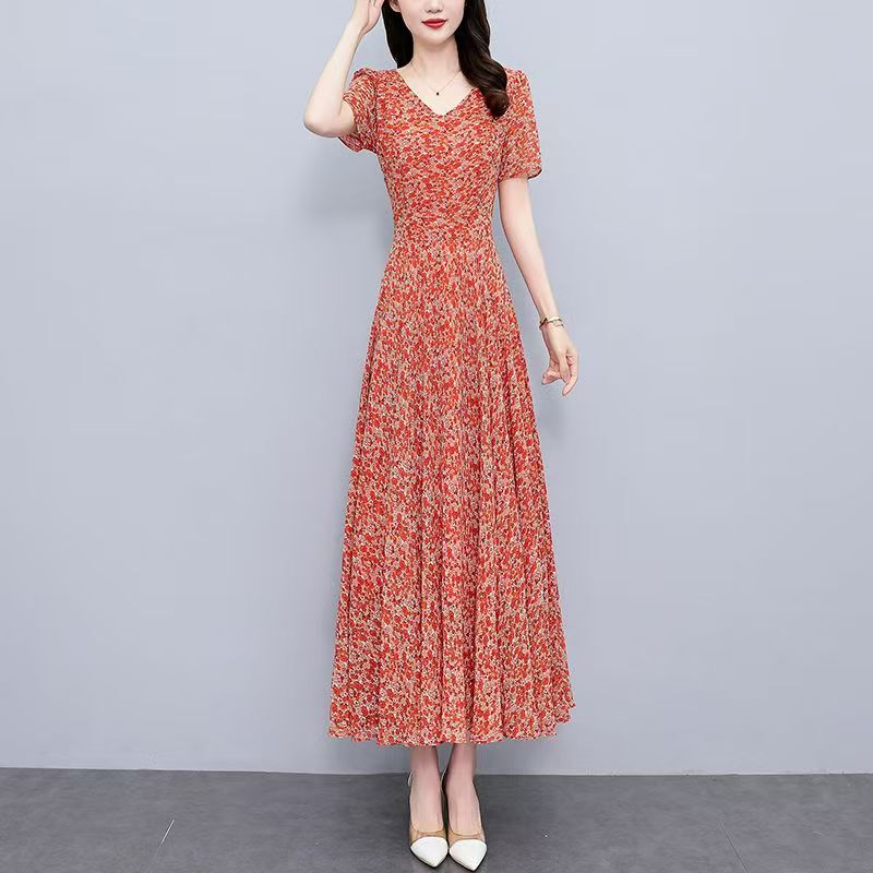 Hueq Summer Mulberry Silk Floral Silk New Stylish and Elegant Style Slimming and Height-Enhancing Short-Sleeve Dress