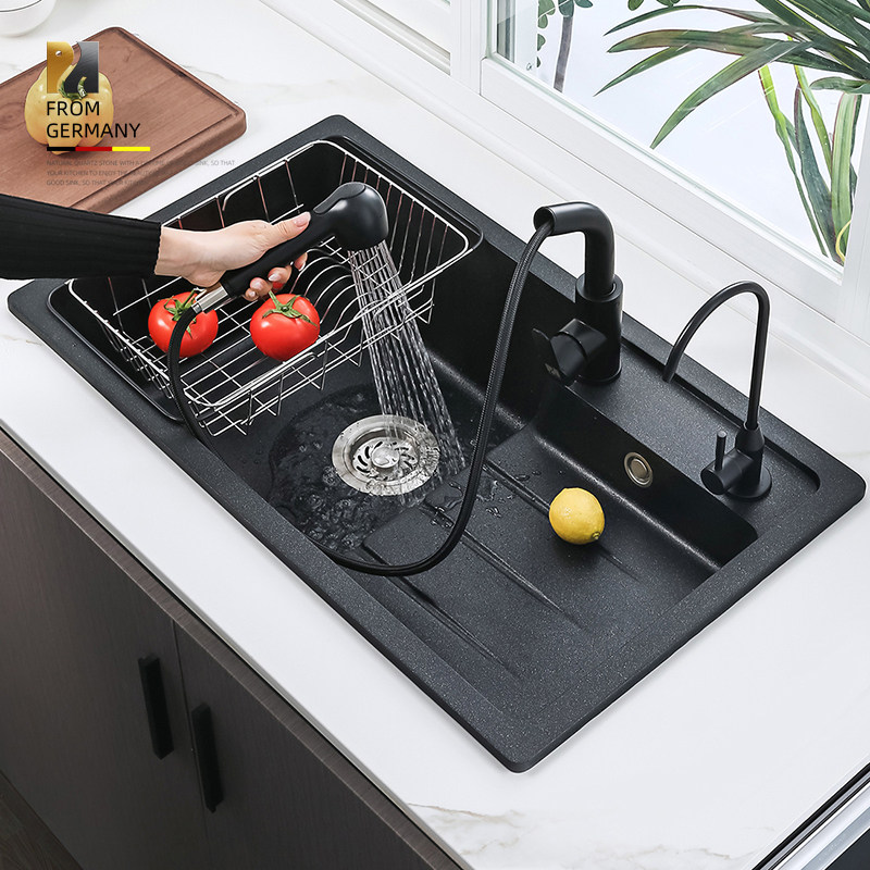Pan Elephant Quartz Flume Large Single Flume Wash Basin Stepped Black Kitchen Under-table Basin Dash Sink High and Low Slots