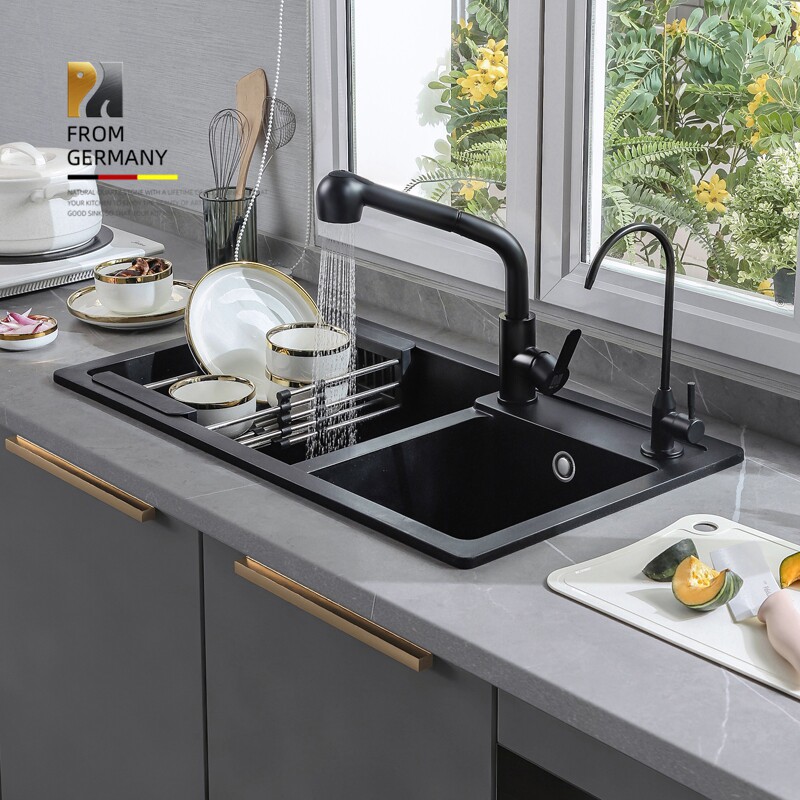 Rock Quartz Stone Sink Double Sink Kitchen Wash Basin Black Granite Taichung Basin Dishwashing Basin Dishwashing Basin