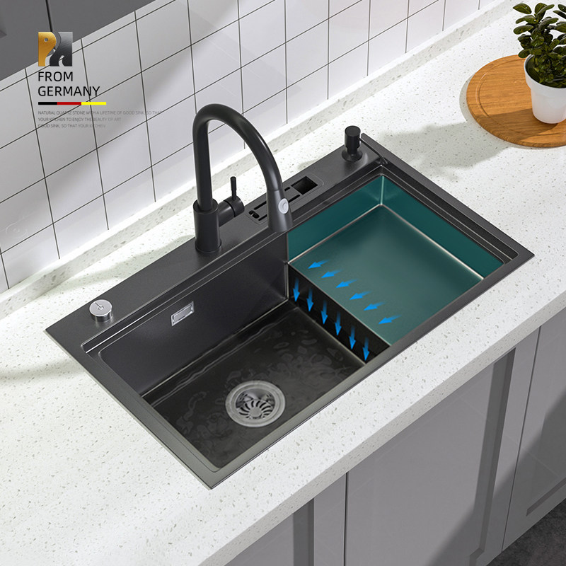 Rock Elephant Nano Stepped Sink Single Sink Black Terrace Basin Dishwashing Pool 304 Stainless Steel Kitchen Wash Basin