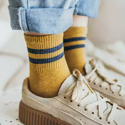 Mid-waist socks female trend ins middle stockings spring and summer long socks Korean version of academic style students second bar socks female I