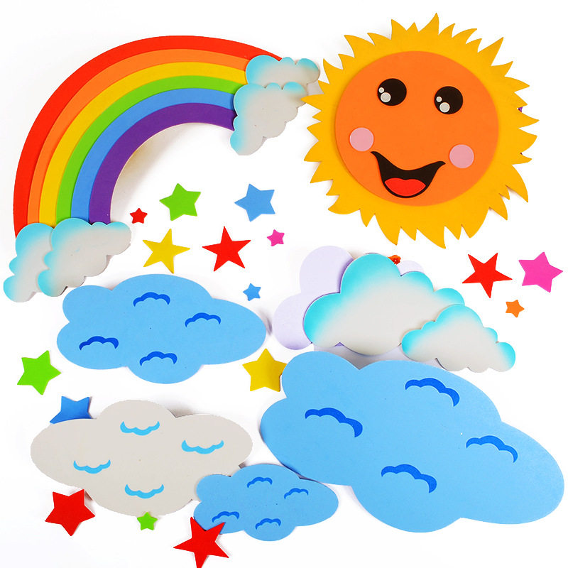 Kindergarten Wall Wall Ring Creation Decoration Colorful Sun Rainbow Clouds Blue Sky White Clouds School Board Newspaper Children House Arrangement
