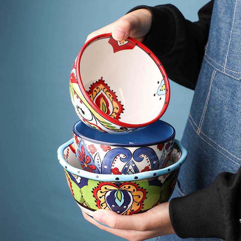 Bohemian personality hand-drawn ceramic bowl with rice horn bowl of big soup bowl of cereal bowl of salad round bowl