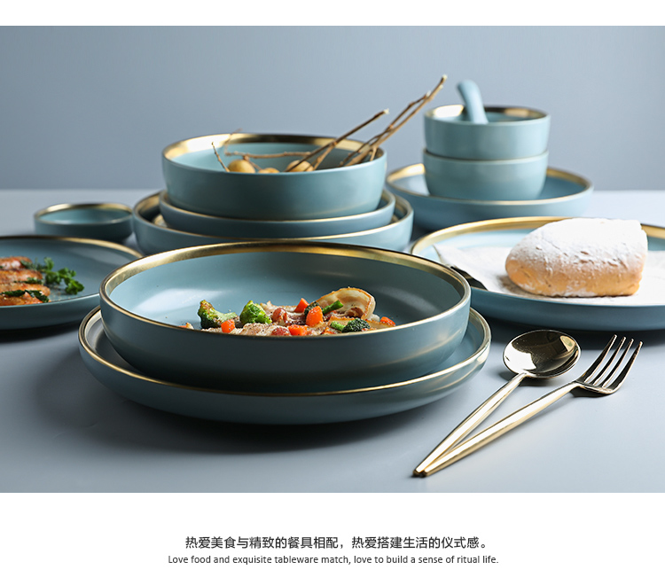 Northern wind up phnom penh matte enrolled blue ceramic tableware suit dishes household contracted bowl dish suit dishes chopsticks