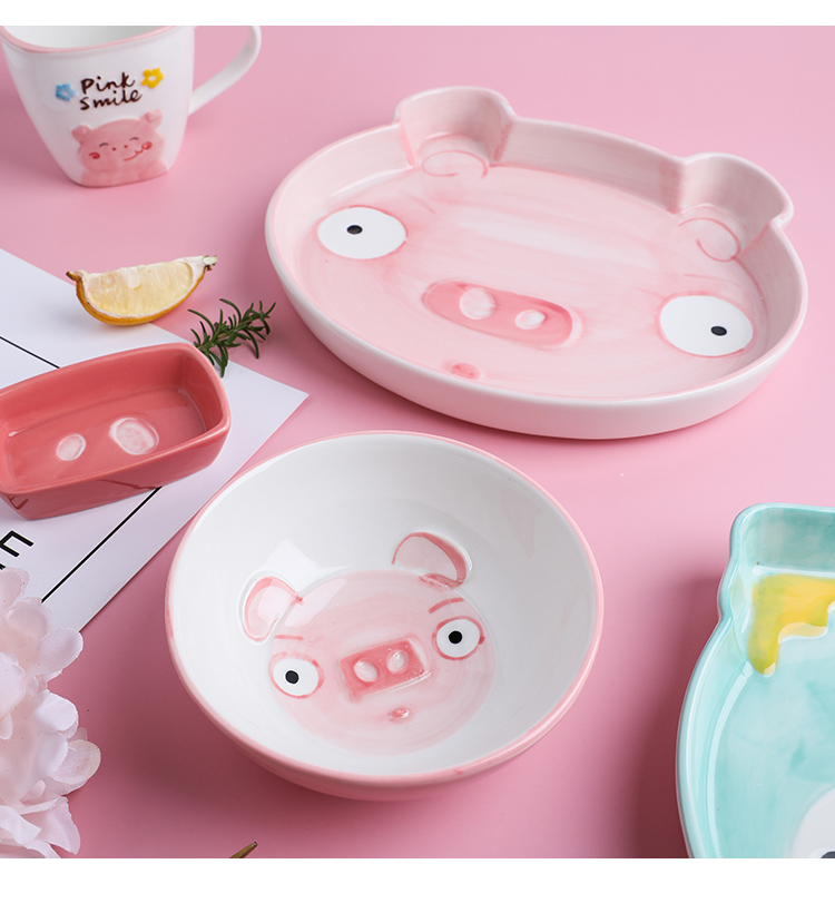 Tinyhome creative children ceramic tableware set dishes domestic cartoon animals dishes for breakfast of bread and butter