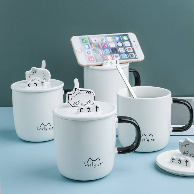 Tinyhome lovely ceramic creative tea cups with cover spoon keller cup oats milk coffee cup