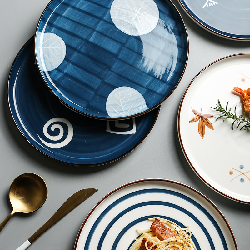 Tinyhome Japanese ancient ceramic tableware flat dish plate household western food steak plate posed the disc plate