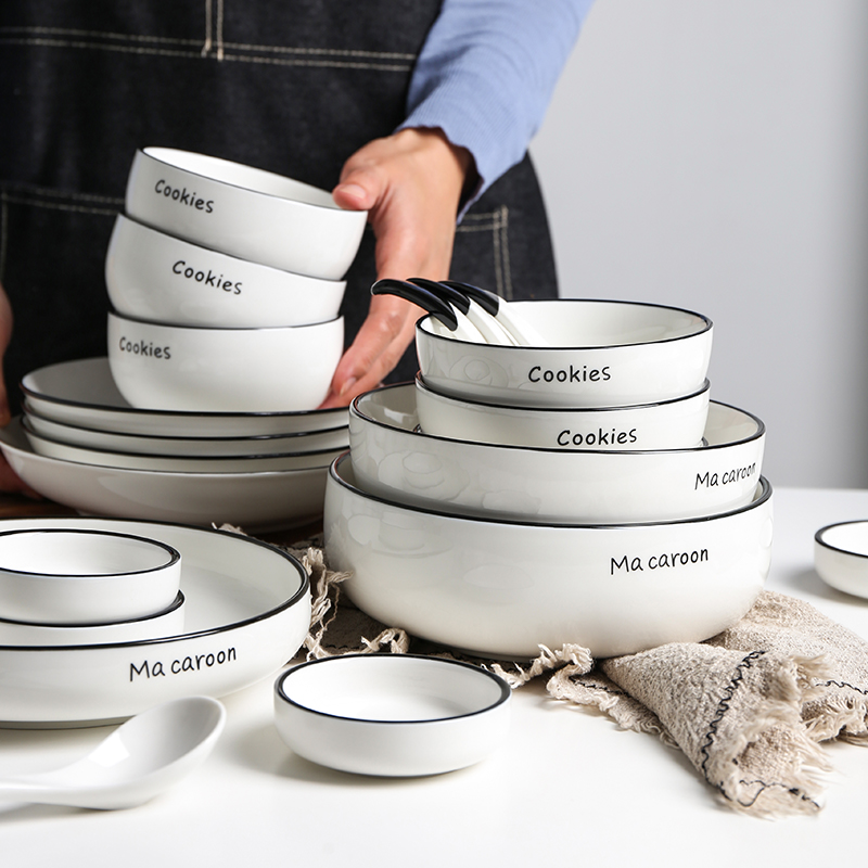 tinyhome simple Nordic style alphabet ceramic tableware rice bowl plate flavor dish soup spoon noodle bowl combination set