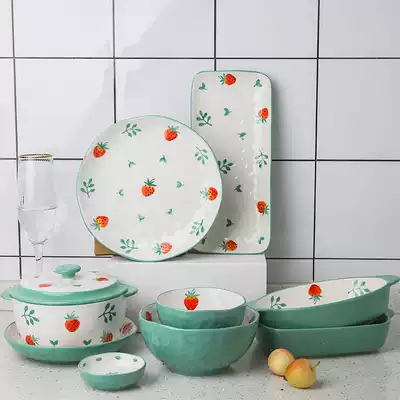 Creative hipster Pink Green Strawberry Cutlery Set Home Salad Bowl Rice Bowl With Lid