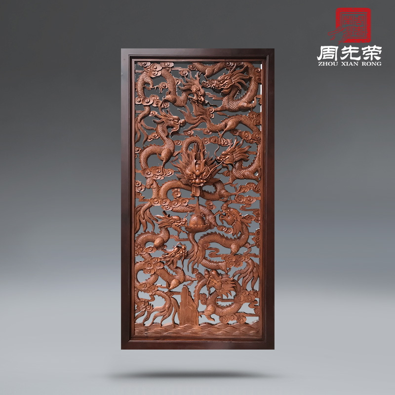 Zhou Xianrong Kowloon hollow hand carving partition wall double-sided double-sided solid wood Dongyang wood carving