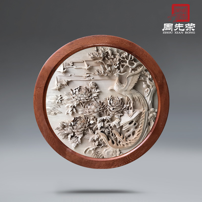 Zhou Xianrong round wall-mounted solid wood hand-carved Phoenix porch pendant peony flowers and birds thickened Dongyang wood carving