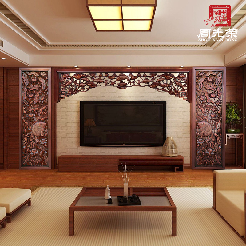 Zhou Xianrong gourd Deer Crane Peony Hung Up Background Wall Years Old Solid Wood Hollowed-out Handmade Chinese East Yang Wood Carving
