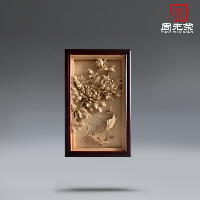 Zhou Xianrong square wall-mounted solid wood hand engraving with fish Yu pendant peony auspicious flower bird thickened Dongyang wood carving