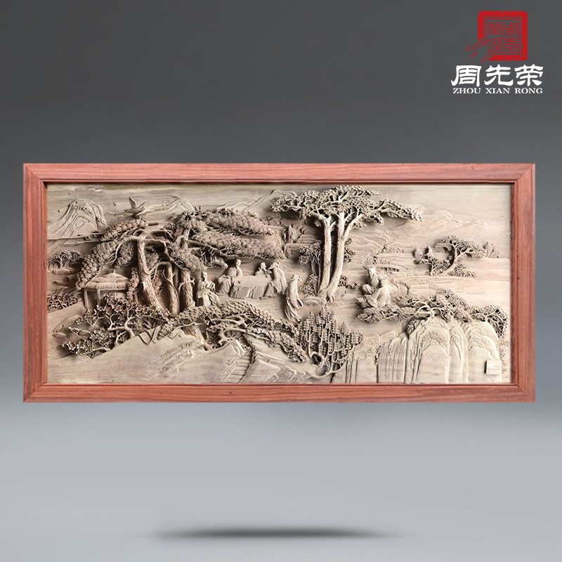 Zhou Xianrong Bamboo Forest Seven Xian Manual Engraving Living Room Book Room Background Wall Booking Character Incense Hill Nine Old East Yang Wood Carving
