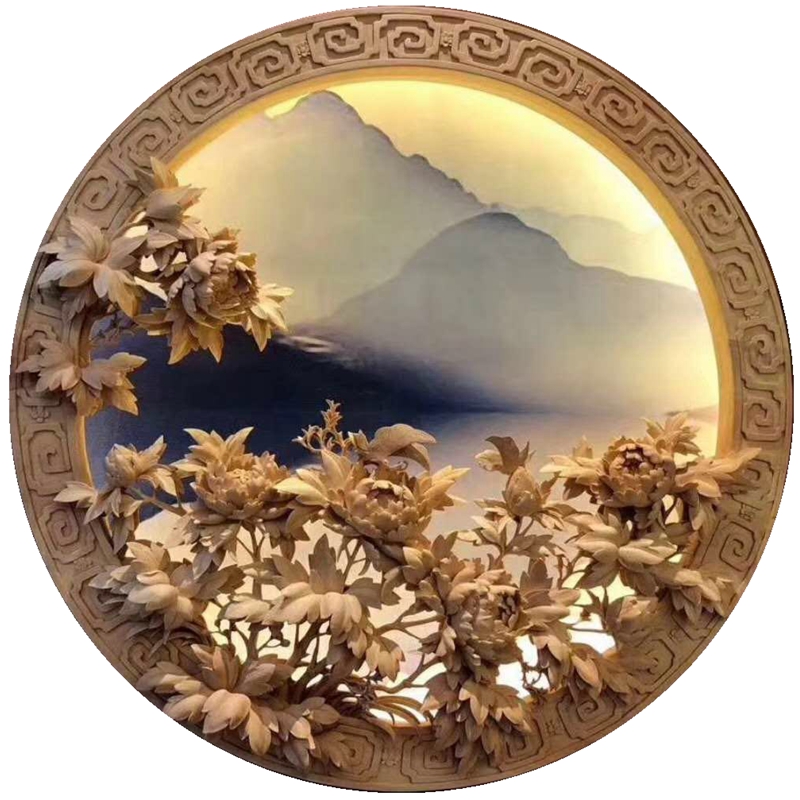 Zhou Xianrong Circular wall-hanging background wall solid wood hand thickened engraving peony hollowed-out pendant design Dongyang wood carving