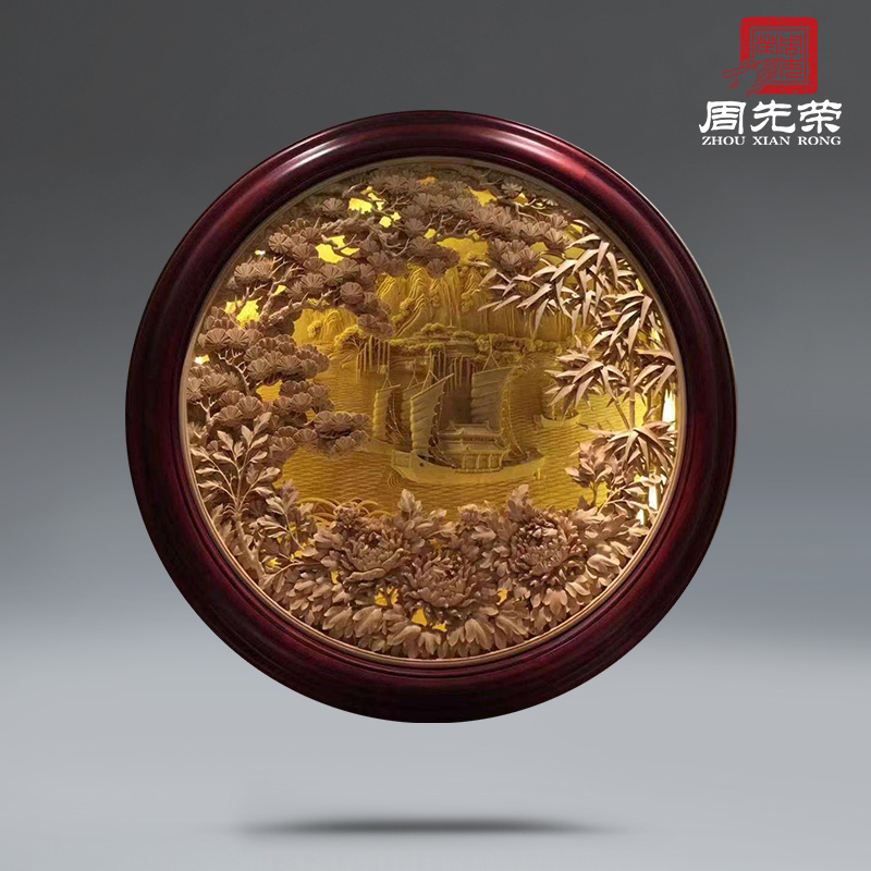 Zhou Xianrong round wall-mounted solid wood hand engraving laminated engraving with light source pendant landscape peony Zhusong Dongyang wood carving
