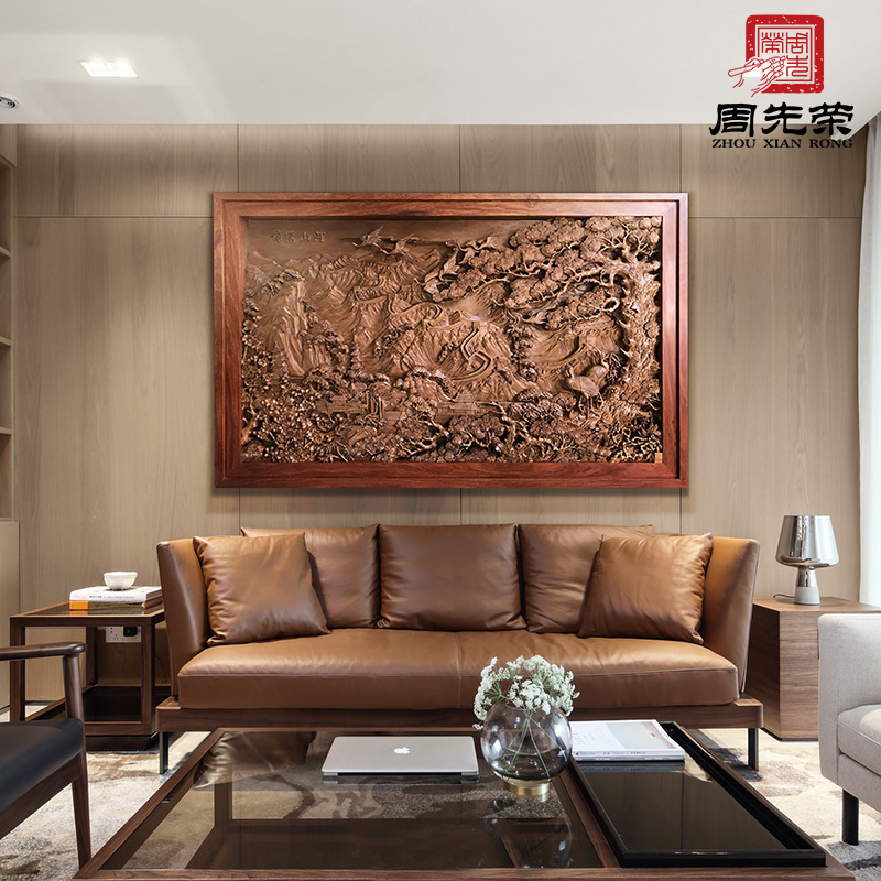 Zhou Xianrong splendid mountains and rivers hand-carved living room lobby background wall custom-made wind landscape map Dongyang wood carving