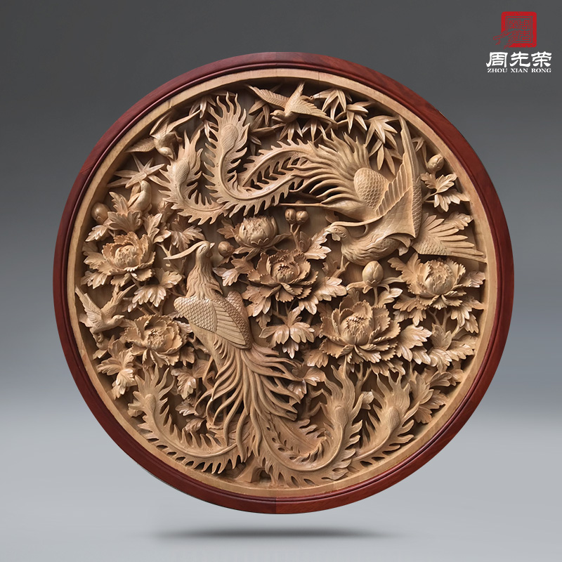 Zhou Xianrong wood carving round solid wood linden wood Longfeng pendant with double dragon and double-pineapple Thickened Hand Hollowed-out Without Hollowed-out Wood Carvings