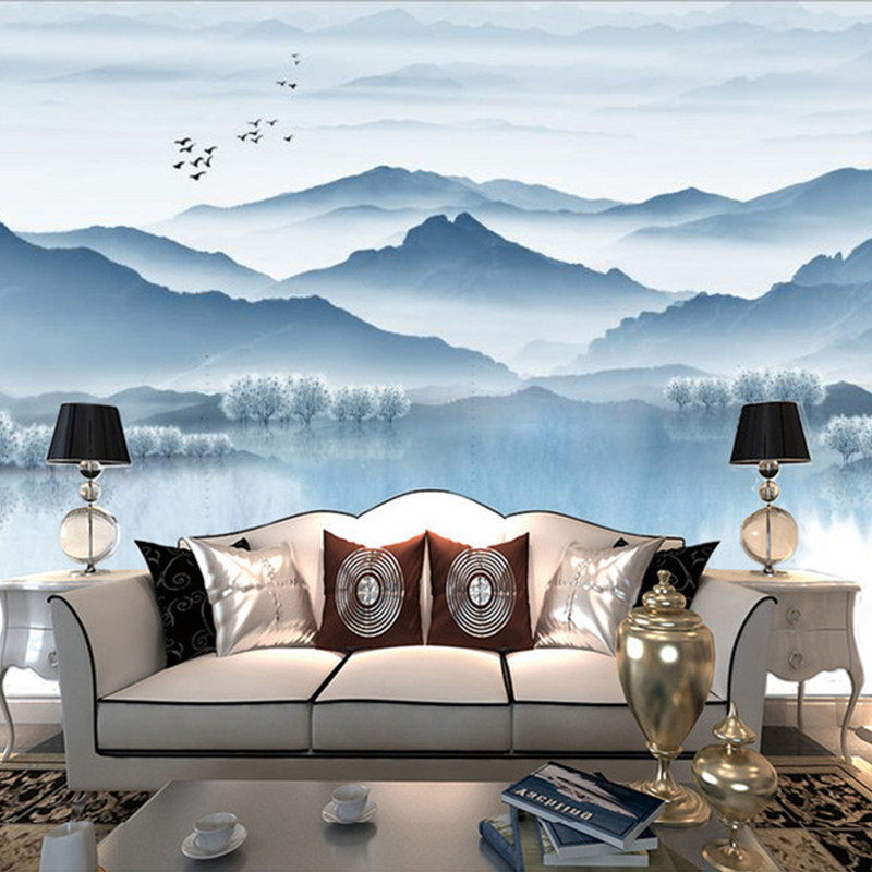 Ink landscape living room TV background wall fiberboard modern Chinese study integrated board to map custom wall panels