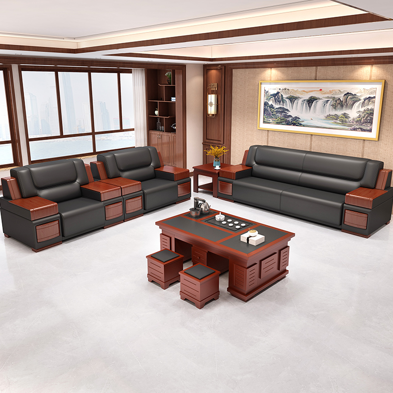 Office Sofa Business Solid Wood Owner guests reception room Modern Chinese upscale genuine leather trio position tea table combinations