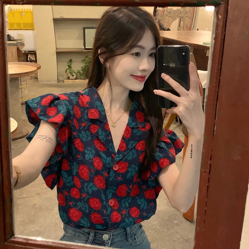 Clearance Sale: Women's Clothing from the Store, Surplus from Foreign Trade, New Summer Style, Loose-Fitting Blazer Collar, Hong Kong Style Floral Shirt Top