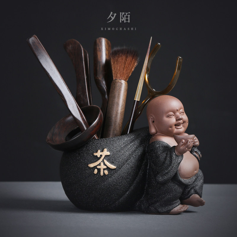 Black pottery tea ceremony six gentlemen set tea set accessories ceramic creative Maitreya Buddha ornaments ebony solid wood tea art combination