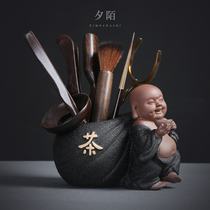 Black pottery tea ceremony Six gentlemen set tea set accessories Ceramic creative Maitreya Buddha ornaments Ebony solid wood tea art combination