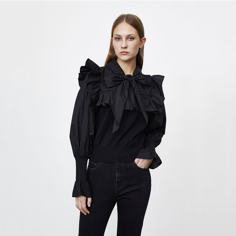 BlackUR2021 Spring new products French Splicing Doll Collar puff sleeve elastic Shut up shirt WG01R9BX2001