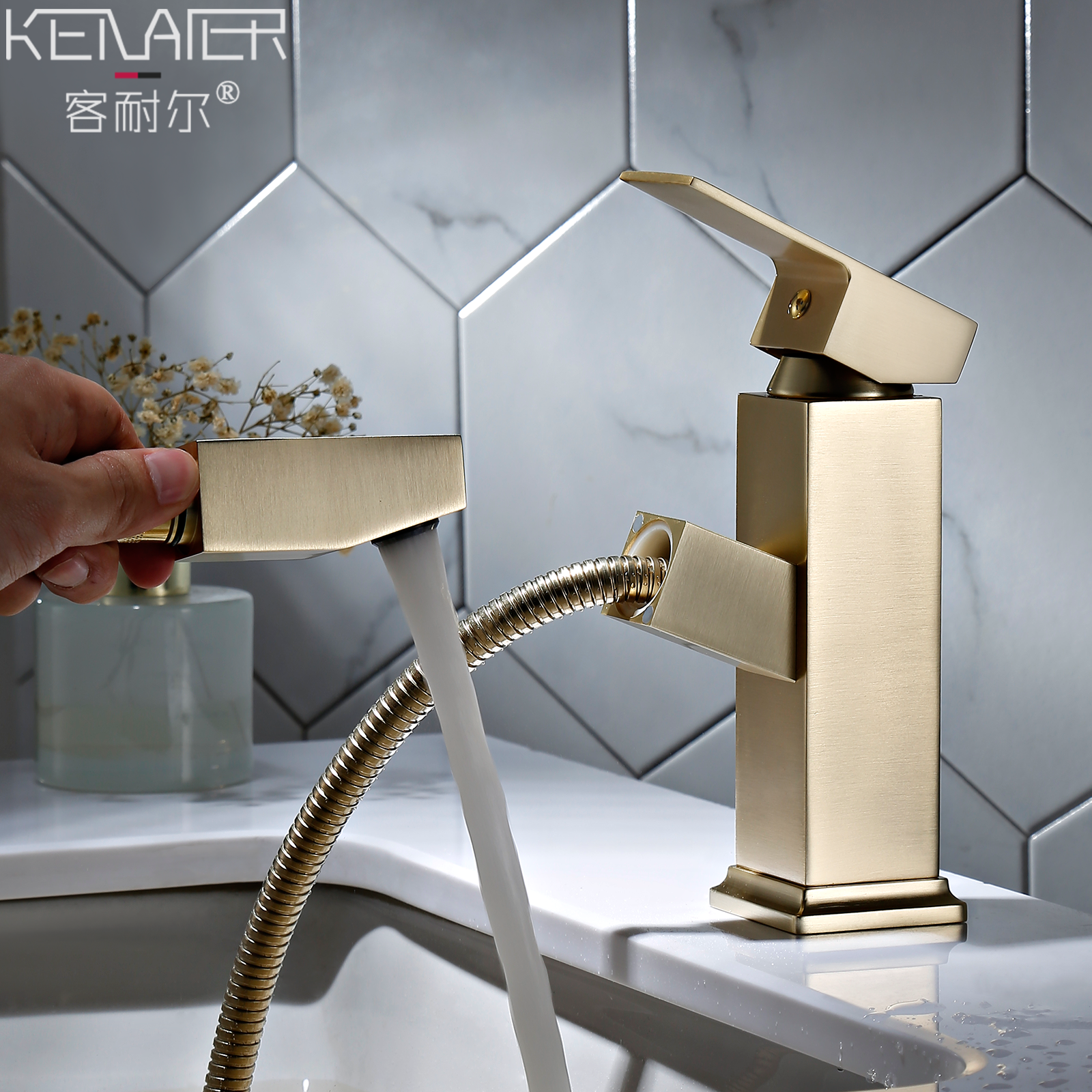 Nordic brass wire drawing gold pull-out hot and cold tap gold light lavish full copper stage washbasin surface basin tap