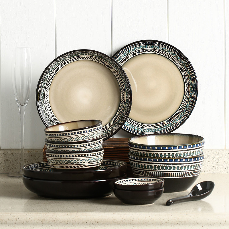 Household dish set European simple retro personality 4 people underglaze color bowl plate combination tableware Gaochun ceramics