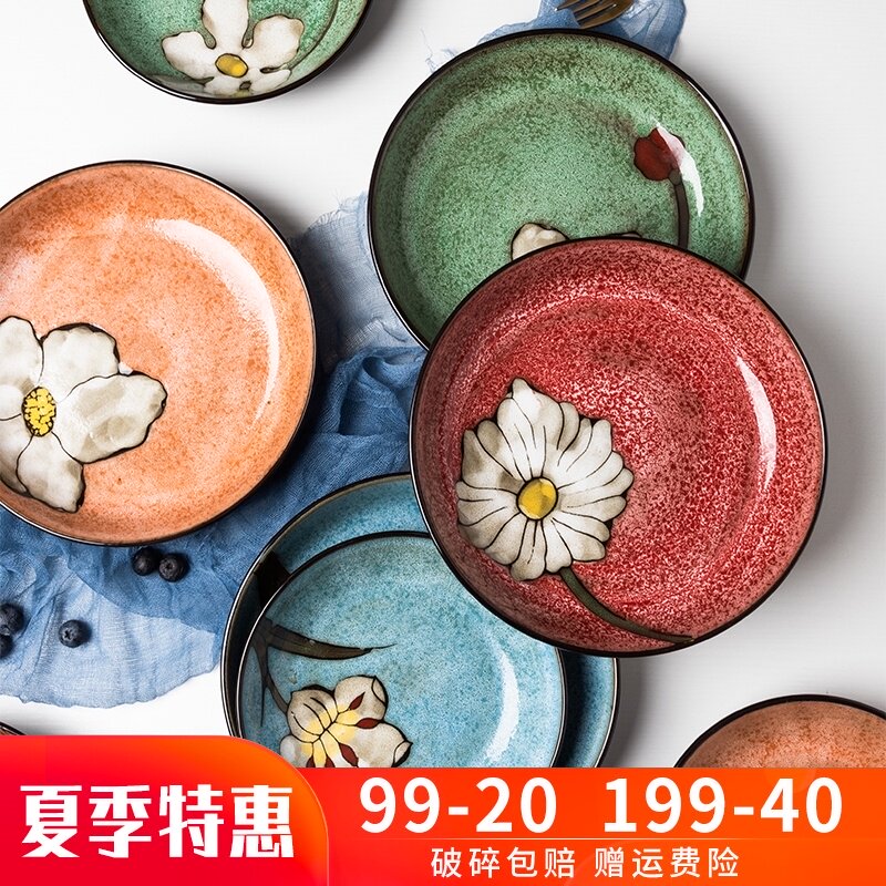 Plate plate Household thickened heat-resistant retro personality plate Soup plate disc Ceramic plate Microwave oven special tableware